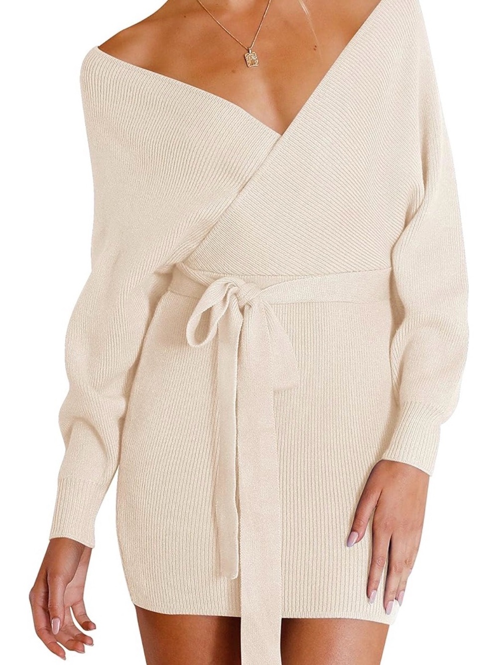 Knit Wrap Belted Off-Shoulder Dress in Cream